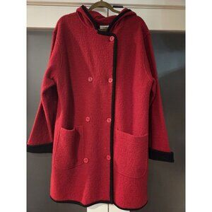 Vtg 100% Wool Hooded Coat Jacket Double Breasted Red W/ Black Trim Holiday